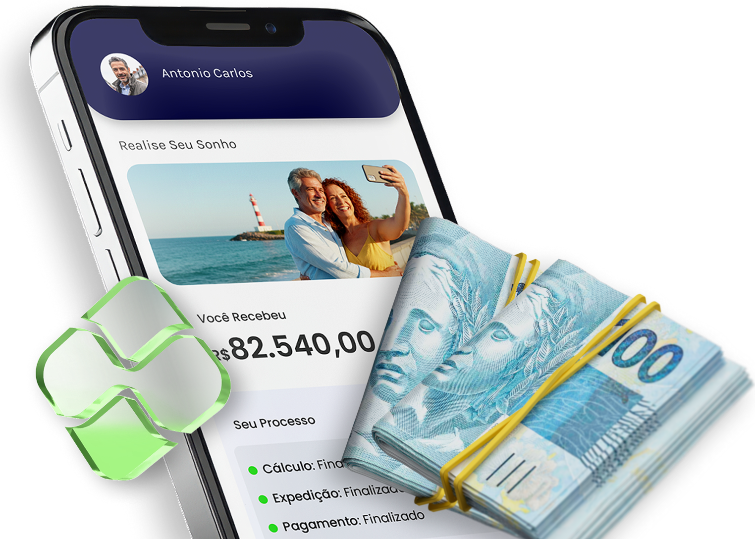 Novo layout: celular exibe extrato bancário com R$ 82.540,00 e notas de dinheiro